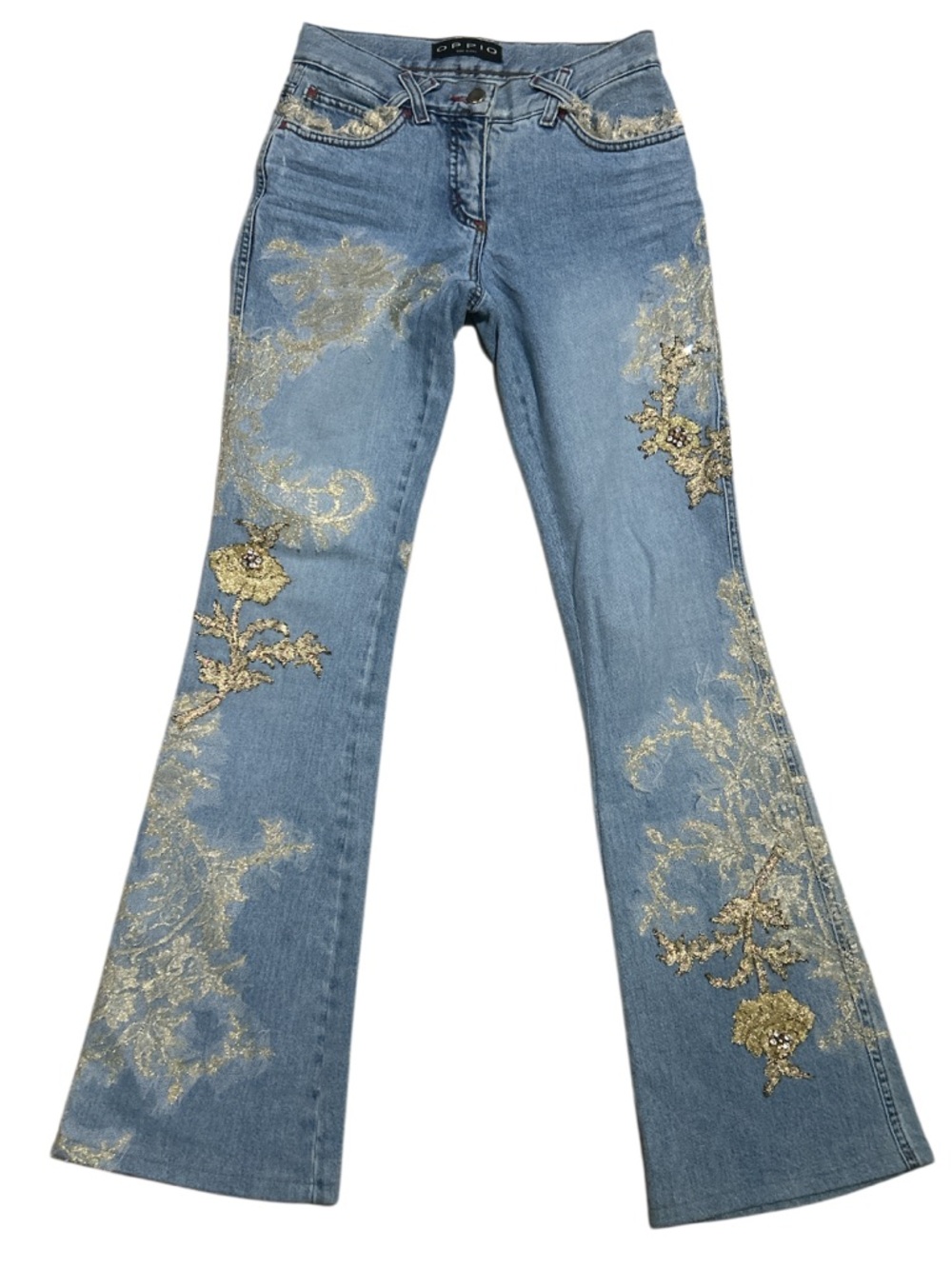 Oppio Embellished Gold Floral Bootcut Jeans - Blue Size 24